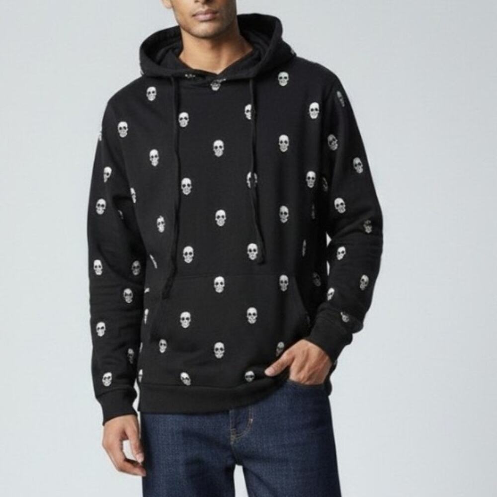 Denim & Flower Black Skull Print Long Sleeve Hoodie Sweatshirt Men's Size S NWOT